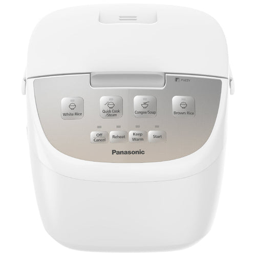 Panasonic rice cooker in white with a silver control panel, featuring buttons for White Rice, Quick Cook, Congee/Soup, Brown Rice, Off/Cancel, Reheat, Keep Warm, and Start.