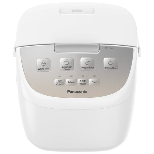 Panasonic rice cooker in white with a silver control panel, featuring buttons for White Rice, Quick Cook, Congee/Soup, Brown Rice, Off/Cancel, Reheat, Keep Warm, and Start.