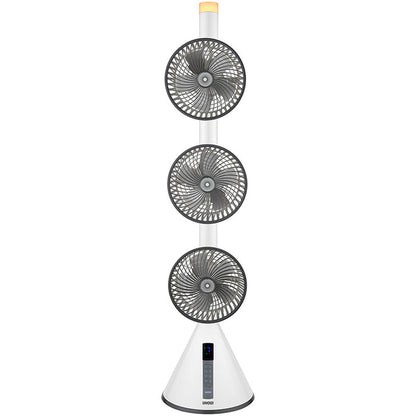Der Unold STANDVENTILATOR 360° ist ein moderner weißer Turmventilator mit drei vertikal gestapelten, verstellbaren runden Ventilatorköpfen und einem digitalen Bedienfeld an der Basis.