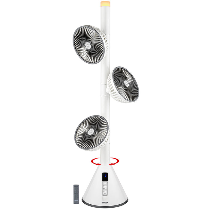 Der Unold STANDVENTILATOR 360° ist ein großer, moderner weißer Ventilator mit drei vertikal gestapelten, verstellbaren runden Köpfen, digitalen Bedienelementen an der Basis und einer Fernbedienung.