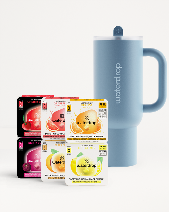 Starter Set Explorer Thermo Tumbler with Microdrink flavor cubes.