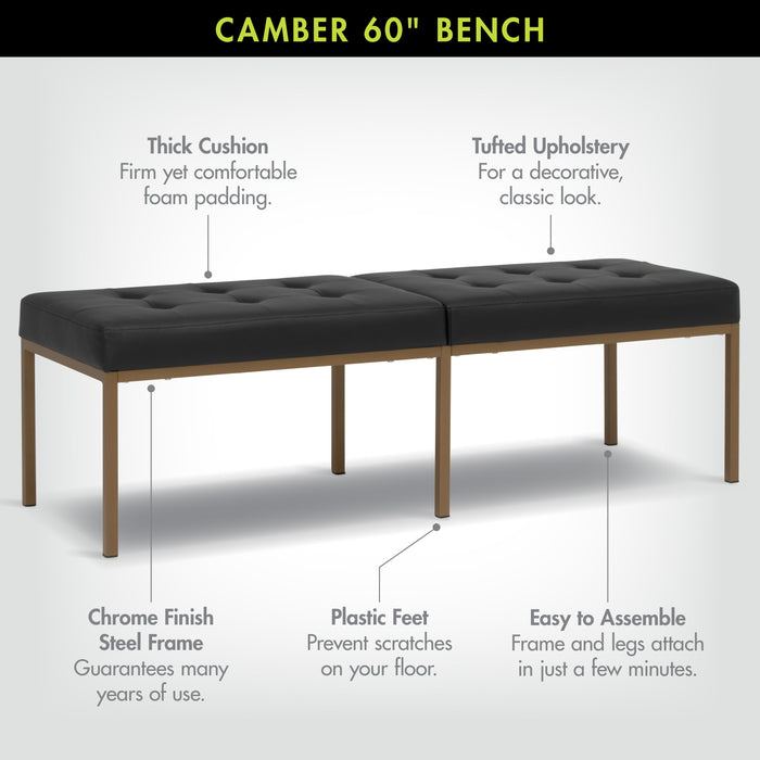 Studio Designs Camber Bench - 60" - Chrome Legs and Tufted Leather - Modern Entryway Bench, Bronze / Black 72152
