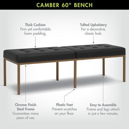 Studio Designs Camber Bench - 60" - Chrome Legs and Tufted Leather - Modern Entryway Bench, Bronze / Black 72152