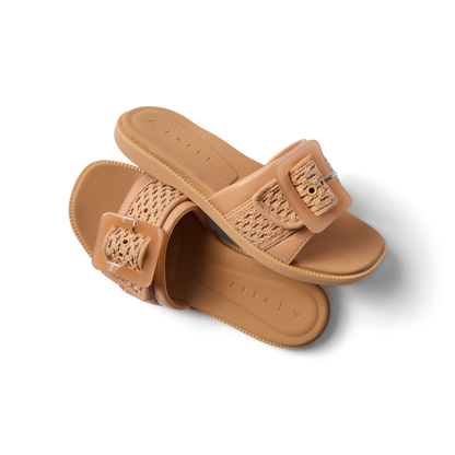 Sunny Emma women's sandals showing top and side views in natural textile with cushioned sole and adjustable buckle facing right.