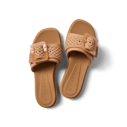 Sunny Emma women's sandals facing upward, featuring natural textile strap with a large buckle, soft cushioning, and arch support.