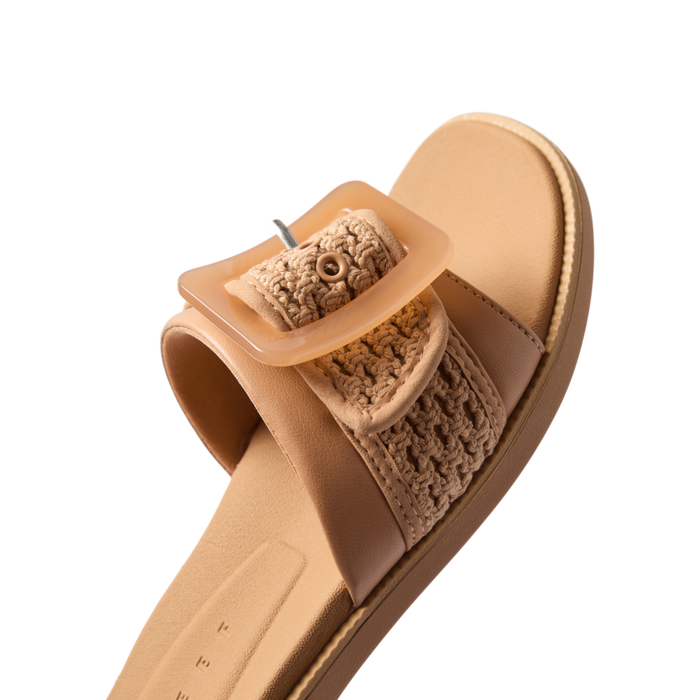 Sunny Emma left sandal facing right showing close-up of natural textile upper with buckle and cushioned footbed