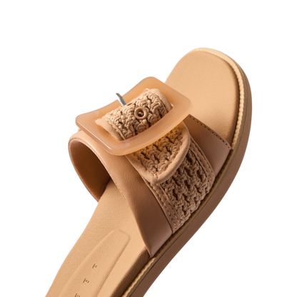 Sunny Emma left sandal facing right showing close-up of natural textile upper with buckle and cushioned footbed