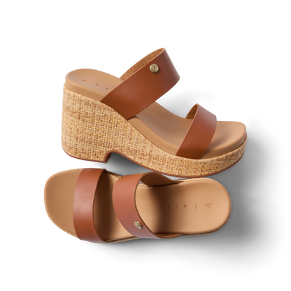 Sunset Ibiza women’s wedge sandals with brown leather straps facing right, featuring arch support and cushioned footbed.