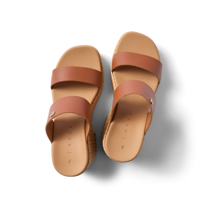 Top view of Sunset Ibiza women's brown leather sandals with dual straps, anatomically cushioned footbed, and arch support