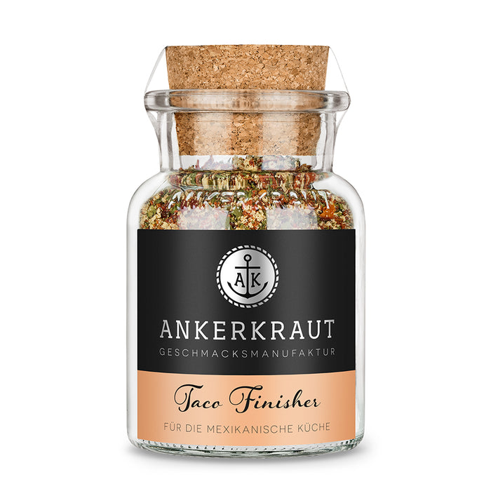 Taco Gewürz von Ankerkraut im Korkenglas auf weißem Hintergrund.