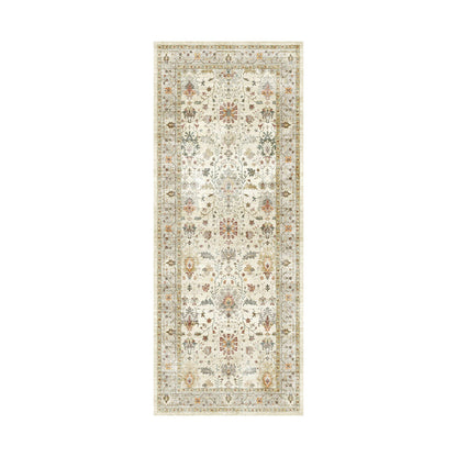 The Tarot Nouveau Washable Runner 80x200cm features a light beige background with intricate floral and vine patterns in muted tones and a decorative border, offering a traditionally ornate design.