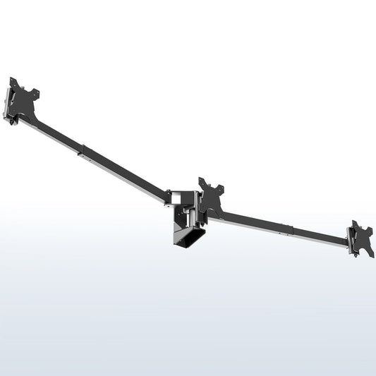 A black telescoping triple monitor wall mount with adjustable arms for mounting multiple screens.