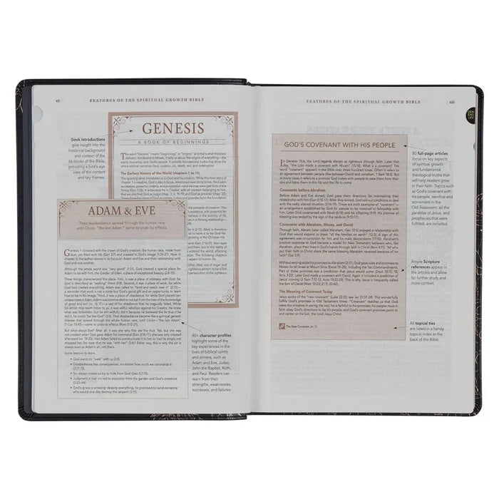 The Spiritual Growth Bible Faux Leather, Black Floral, NLT