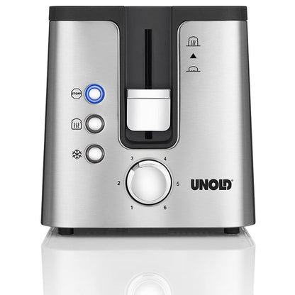 Vorderansicht des Unold Toaster 2 er Kompakt aus Edelstahl mit drei Tasten – Stopp, Aufwärmen und Auftauen –, einem zentralen Hebel, einem nummerierten Bräunungsrad und dem Markennamen Unold unten rechts.