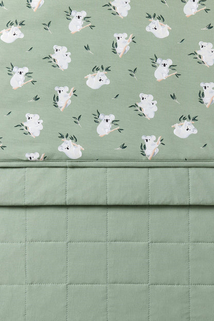 Close up of the Toddler Blanket in Koala 1.0 showing the quilted green backing and smooth top printed layer