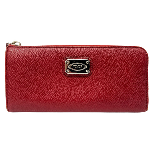 Tod'S Wallet Long Red Leather Embossed L Zipper Box