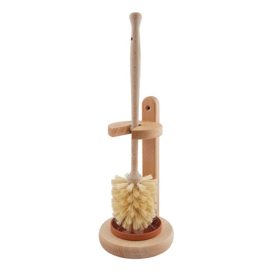 Wooden toilet brush with natural fibers in wooden stand with terracotta dish on white background