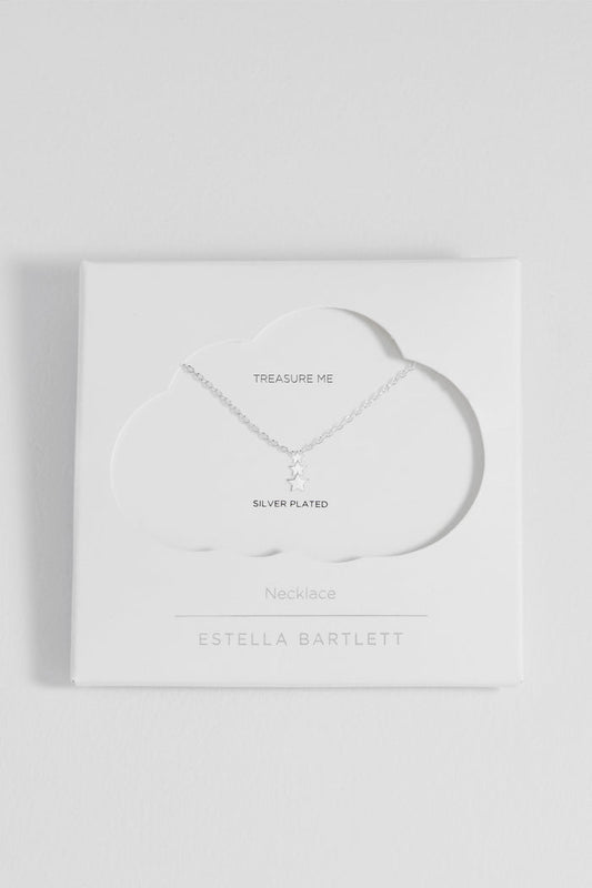 Silver necklace in packaging with 'Estella Bartlett' branding on a white background