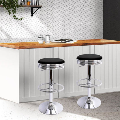 Two Backless PU Leather Bar Stools - Black and Chrome -Home Living Store - -