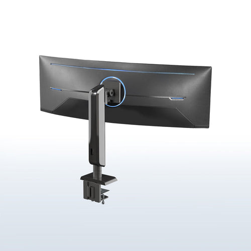 A single ultrawide monitor attached to a vertical lift single monitor desk mount, on a white background.