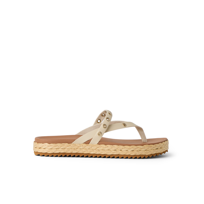 Vista Carmen women's sandal facing left with rivet straps, platform sole, soft cushioning, and arch support for beach comfort