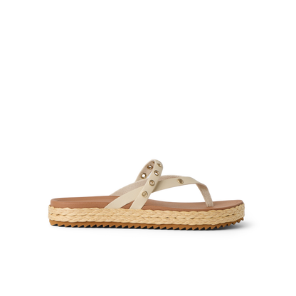 Vista Carmen women's sandal facing left with rivet straps, platform sole, soft cushioning, and arch support for beach comfort