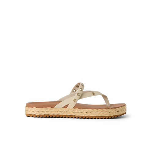 Vista Carmen women's sandal facing left with rivet straps, platform sole, soft cushioning, and arch support for beach comfort
