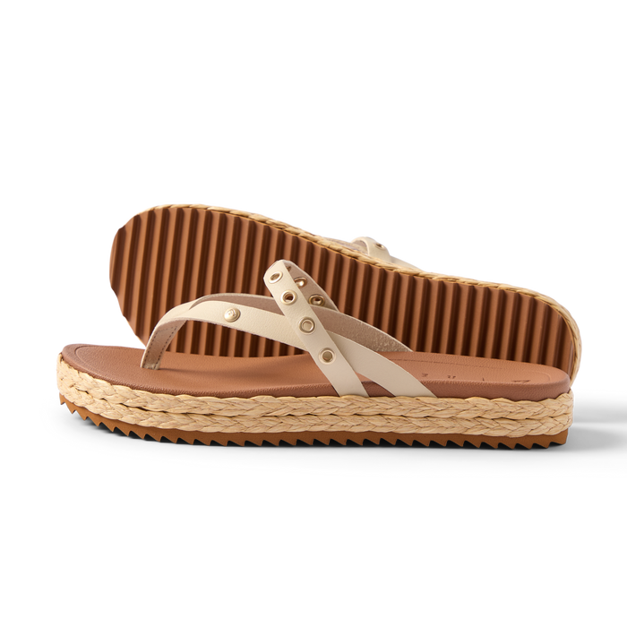 Vista Carmen women's sandals facing left with rivet details, textured sole, and beach-inspired comfort design.