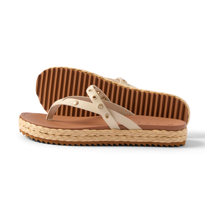 Vista Carmen women's sandals facing left with rivet details, textured sole, and beach-inspired comfort design.
