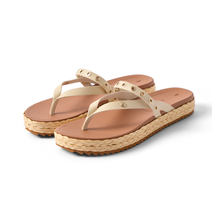 Vista Carmen women's sandals facing left with braided platform sole, grommet details, and soft cushioning for beach comfort