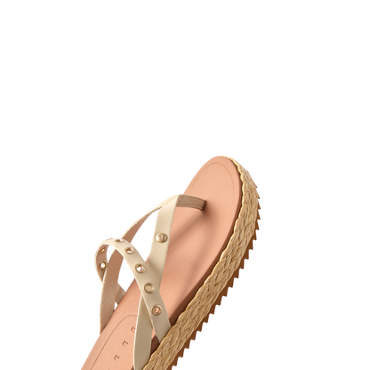 Vista Carmen sandal facing right showing front straps and cushioned footbed with durable woven platform sole, beach-inspired comfort.