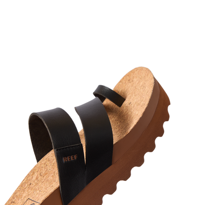 Vista Hi Layla sandal facing left, close-up of black straps and cork footbed with soft-rebound cushioning and arch support