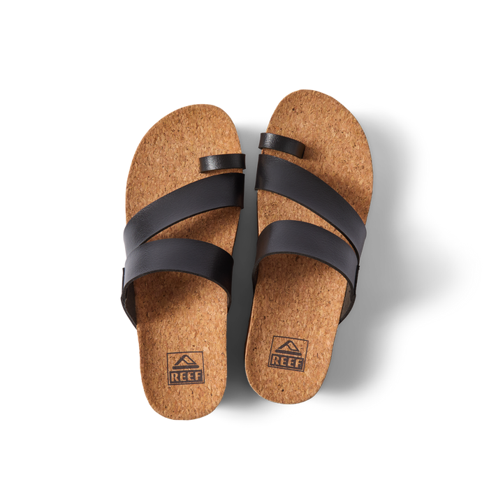 Top view of Vista Hi Layla black sandals for women with cork footbed, soft-rebound cushioning, and anatomical arch support.