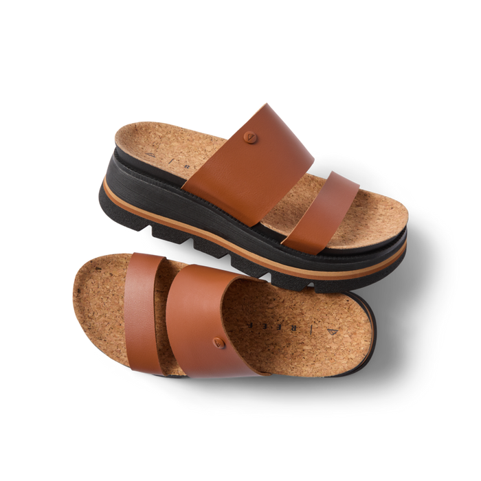 Vista Luxe Siaa women's sandals in cocoa brown facing left with cork footbeds, soft cushioning, and arch support.