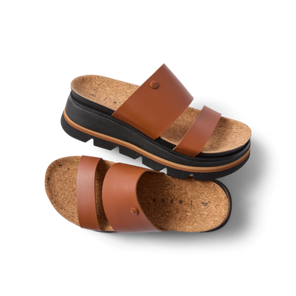 Vista Luxe Siaa women's sandals in cocoa brown facing left with cork footbeds, soft cushioning, and arch support.