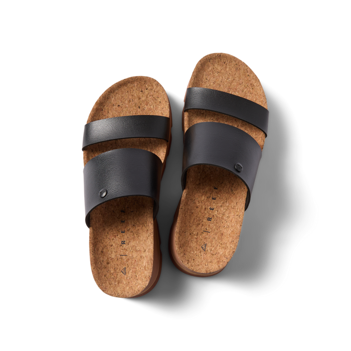 Vista Luxe Siaa women's sandals facing up showing cork footbed with soft-rebound cushioning and black straps.