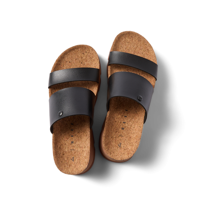 Vista Luxe Siaa women's sandals facing up showing cork footbed with soft-rebound cushioning and black straps.
