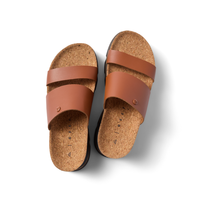 Vista Luxe Siaa women's sandals top view with brown leather straps and cork footbeds, facing upward for beach comfort.