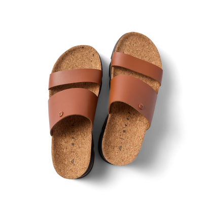 Vista Luxe Siaa women's sandals top view with brown leather straps and cork footbeds, facing upward for beach comfort.