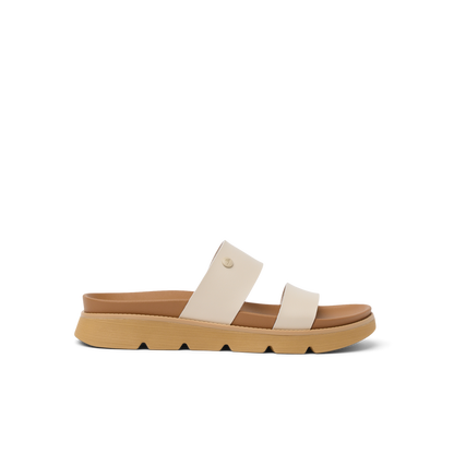 Side view of Vista Luxe Thea sandal in parchment with cushioned sole and anatomical arch support for all-day comfort.