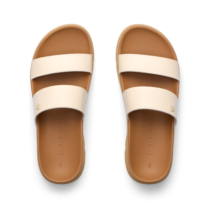 Vista Luxe Thea women's sandals facing upward with two cream straps, cushioned footbed, and anatomical arch support.