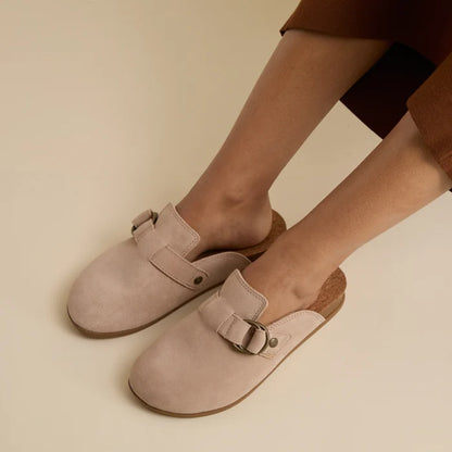 Vista Serenity women's slip-on shoes facing forward in soft beige with cushioned footbeds and arch support.