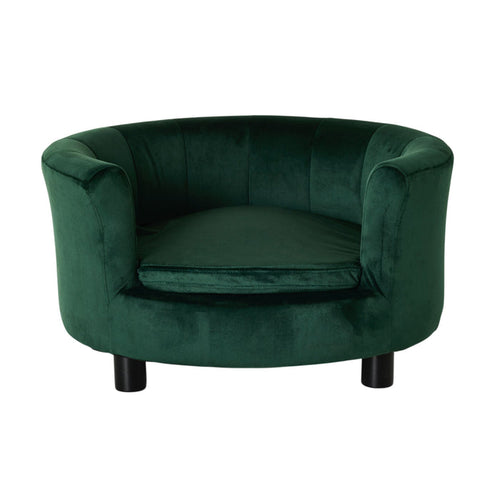 Vivienne Velvet Pet Bed in forest green features plush padding, a rounded backrest, and four short black legs for an elevated design. Measures 65x65x36cm. Shown on a white background.