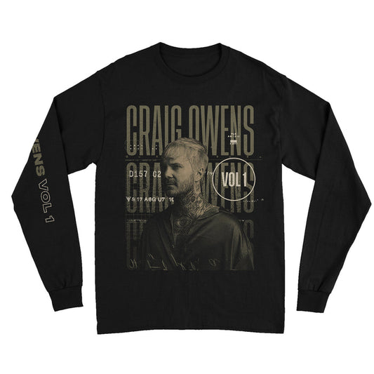 Craig Owens black Comfort Colors long-sleeve tee with sepia portrait, CRAIG OWENS and VOL 1 text above and beside the image; OWENS VOL 1 printed down the right sleeve.