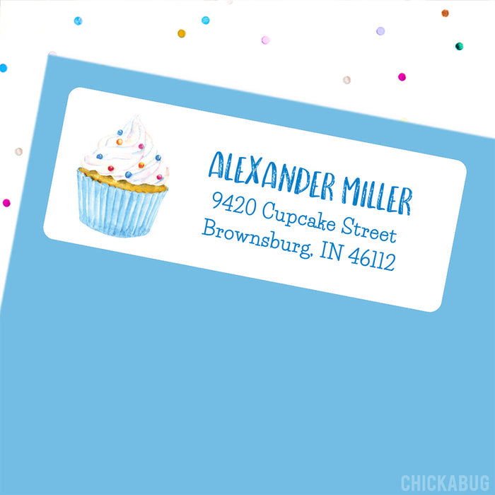 Watercolor Blue Cupcake Address Labels