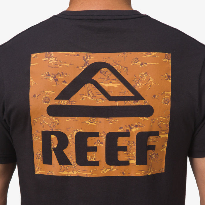 Back view of men's black Wayne Tee with large orange REEF logo panel featuring beach-inspired designs and comfort focus.