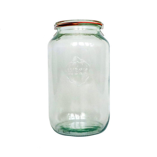Large glass Weck 776 barrel jar on white background