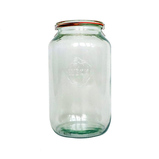 Large glass Weck 776 barrel jar on white background