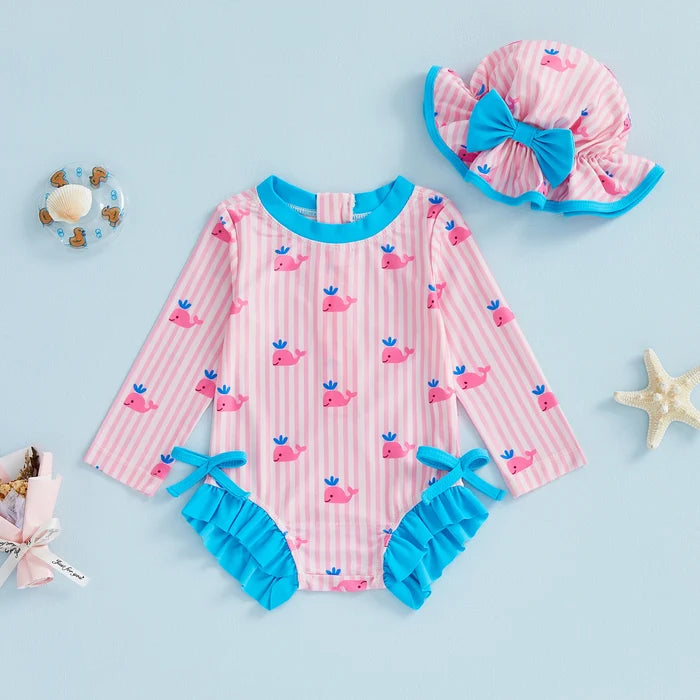 WHALES Striped Swimsuit with Sun Hat