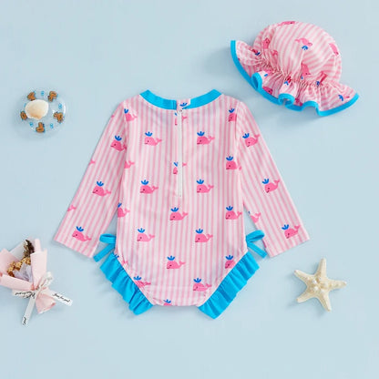 WHALES Striped Swimsuit with Sun Hat